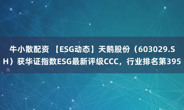 牛小散配资 【ESG动态】天鹅股份（603029.SH）获华证指数ESG最新评级CCC，行业排名第395
